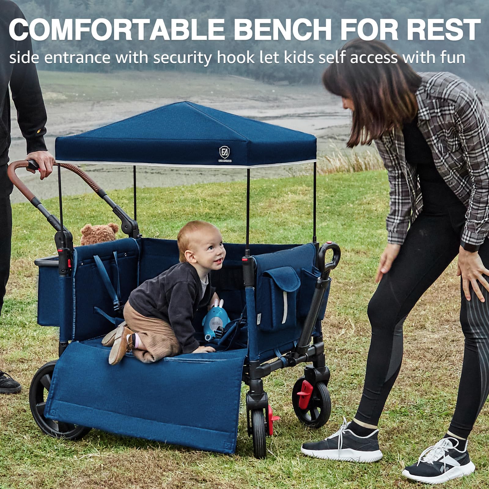 EVER ADVANCED Side-Zip Double Stroller for 2 Kids - Adjustable Handle, 5-Point Safety Harness, Removable UV Canopy & Shock-Absorbing Wheels - Blue | Perfect for Shopping Malls, Parks & Family Outings