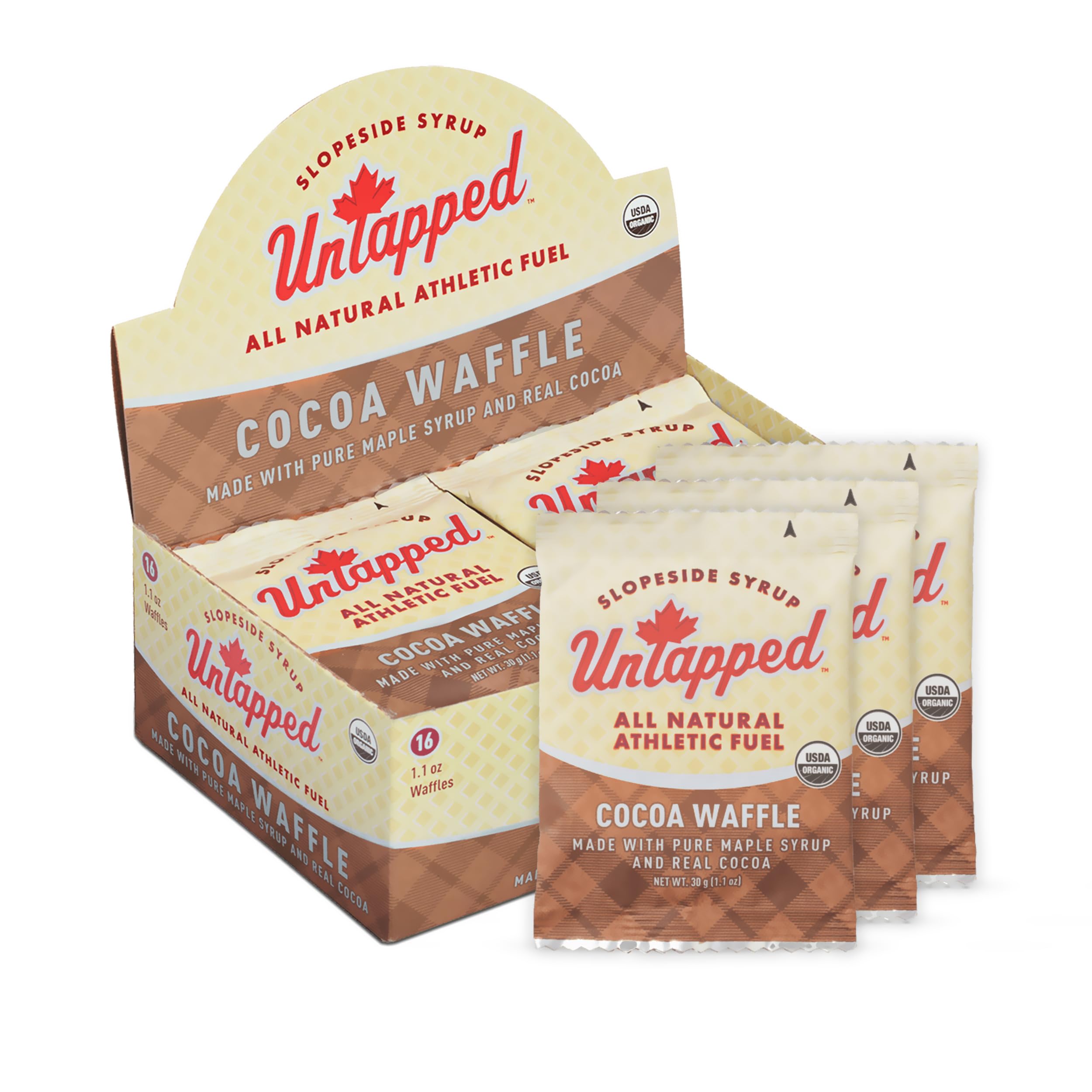 Organic Cocoa Waffles 1.1oz (16-Pack) - Vegan Energy Snacks with Real Maple Syrup for Cycling, Running & Hiking | Gluten-Free Athletic Performance Food | Post-Workout Recovery & On-The-Go Nutrition