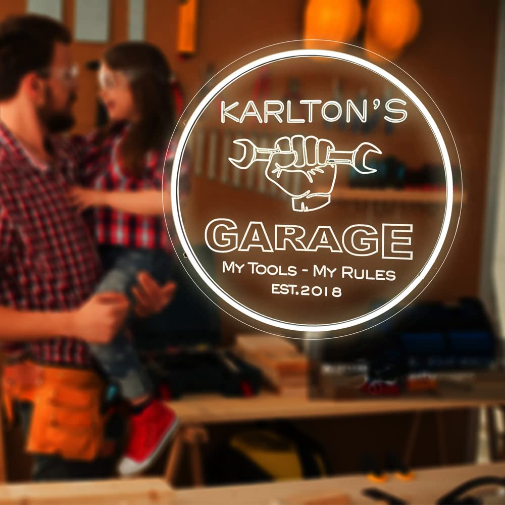 Custom Neon Garage Signs - Personalized LED Light Sign for Man Cave, Dad's Workshop & Gifts - 16x16 Inch Round Neon Decor for Home Bar, Garage Wall & Birthday Presents