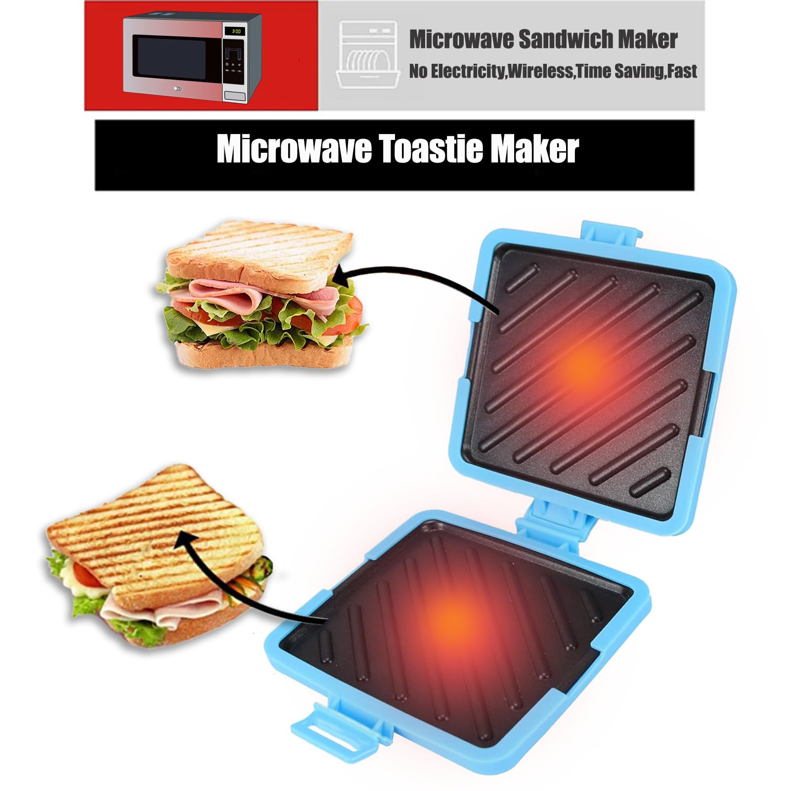 Microwave Toastie Maker - Adjustable Silicone Straps Sandwich Maker for Quick & Easy Grilled Cheese, Paninis - No Electricity Needed, Fast Cooking, Perfect for Office Lunch, Dorm Snacks & Family Breakfast (Blue)