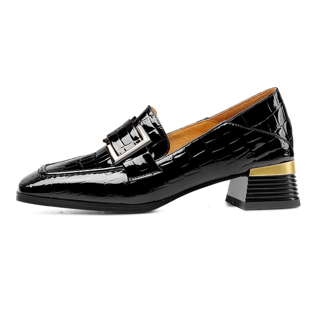 TinaCus Women's Patent Leather Loafers - Square Toe Slip-On Shoes with Buckle Detail & Chunky Low Heel for Women | Comfortable Casual Flats for Office, Travel & Everyday Wear