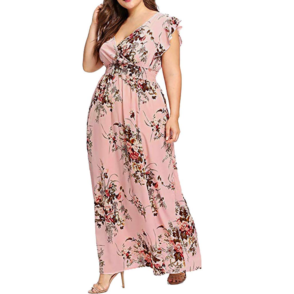 Bidobibo Women's Floral Print Summer Dress - Pink V-Neck Petal Sleeve Elegant Casual Dress for Outdoor Parties, Date Nights & Beach Vacations