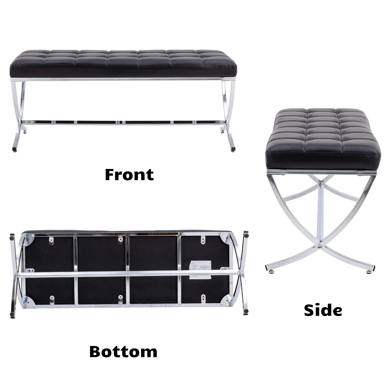 Modern Dining Bench with Button Tufted Ottoman & Metal Legs - Upholstered PU Faux Leather Footstool for Living Room, Entryway, Bedroom - Black | Perfect for Dining Tables, Hallway Seating & Bedroom Decor
