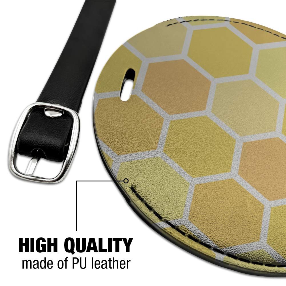 Yellow Honeycomb Pattern Round Leather Luggage Tag - Durable Suitcase ID Card Holder for Travel Bags | Perfect for Carry-Ons, Checked Luggage & Backpack Identification