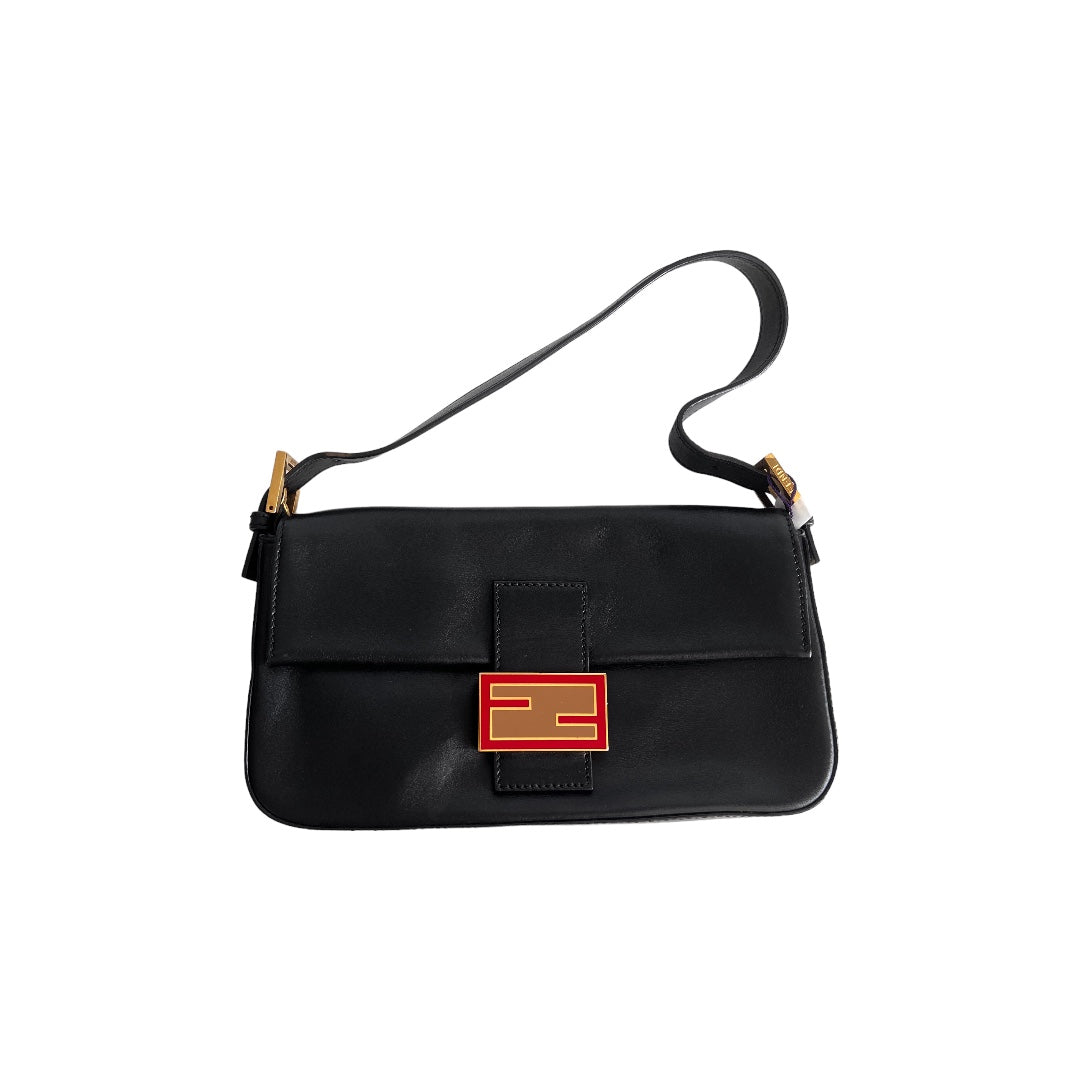 Fendi Black Leather Baguette Bag with Enamel Buckle - Stylish Shoulder Bag for Women, Perfect for Parties, Work & Everyday Use