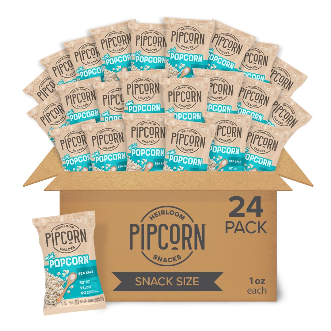 Pipcorn Mini Heirloom Popcorn - Sea Salt, 1oz (24 Pack) - Gluten Free, Healthy Snack Packs, Non-GMO, Vegan | Perfect for Lunchboxes, Movie Nights & On-the-Go Snacking