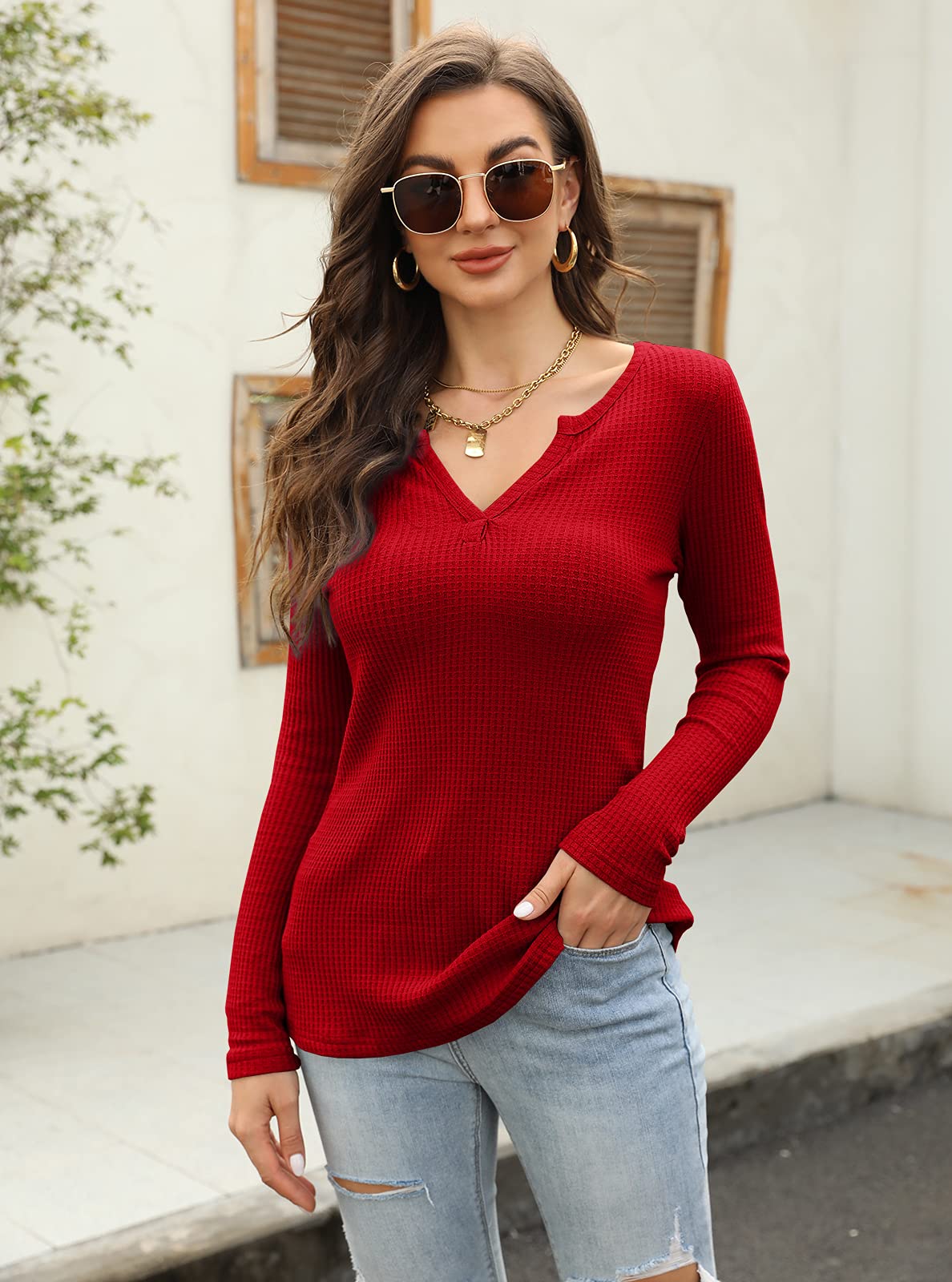 Women's V-Neck Waffle Knit Henley Top - Casual Long Sleeve Pullover Sweater Blouse for Fall & Winter | Cozy Layering Piece for Work, Date Night and Weekend Outfits