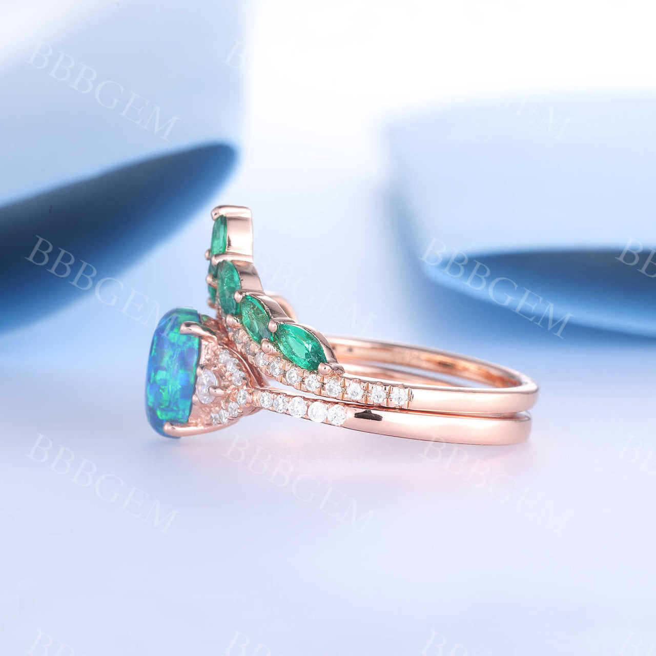 Oval Black Opal Ring with Diamond & Emerald Crown - Elegant Eternity Wedding Band Set for Women | Perfect for Engagement, Anniversary & Special Occasions