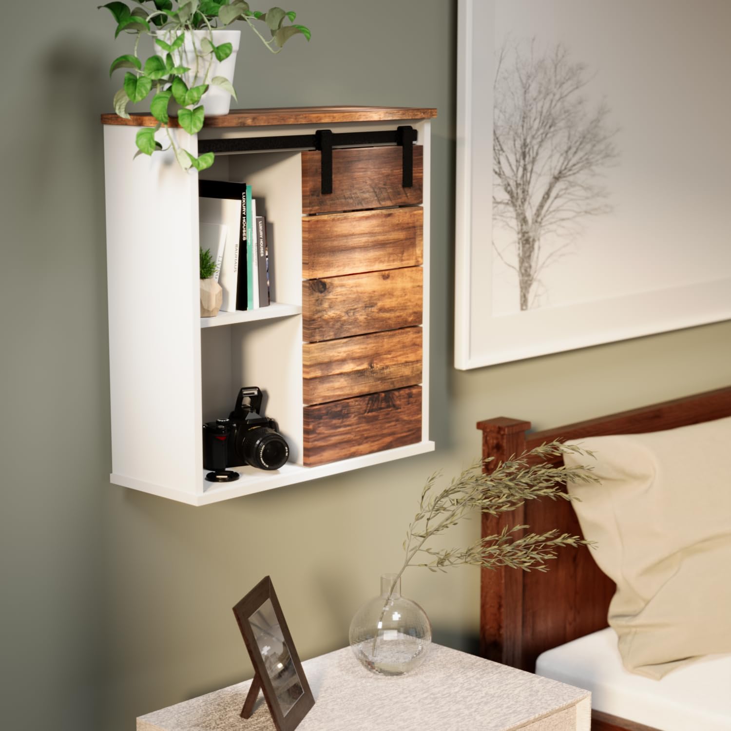 Farmhouse Wall Mounted Storage Cabinet with Sliding Barn Door - White Bathroom Medicine Cabinet for Bathroom, Kitchen & Living Room | Space-Saving Organizer for Toiletries, Cosmetics & Home Essentials