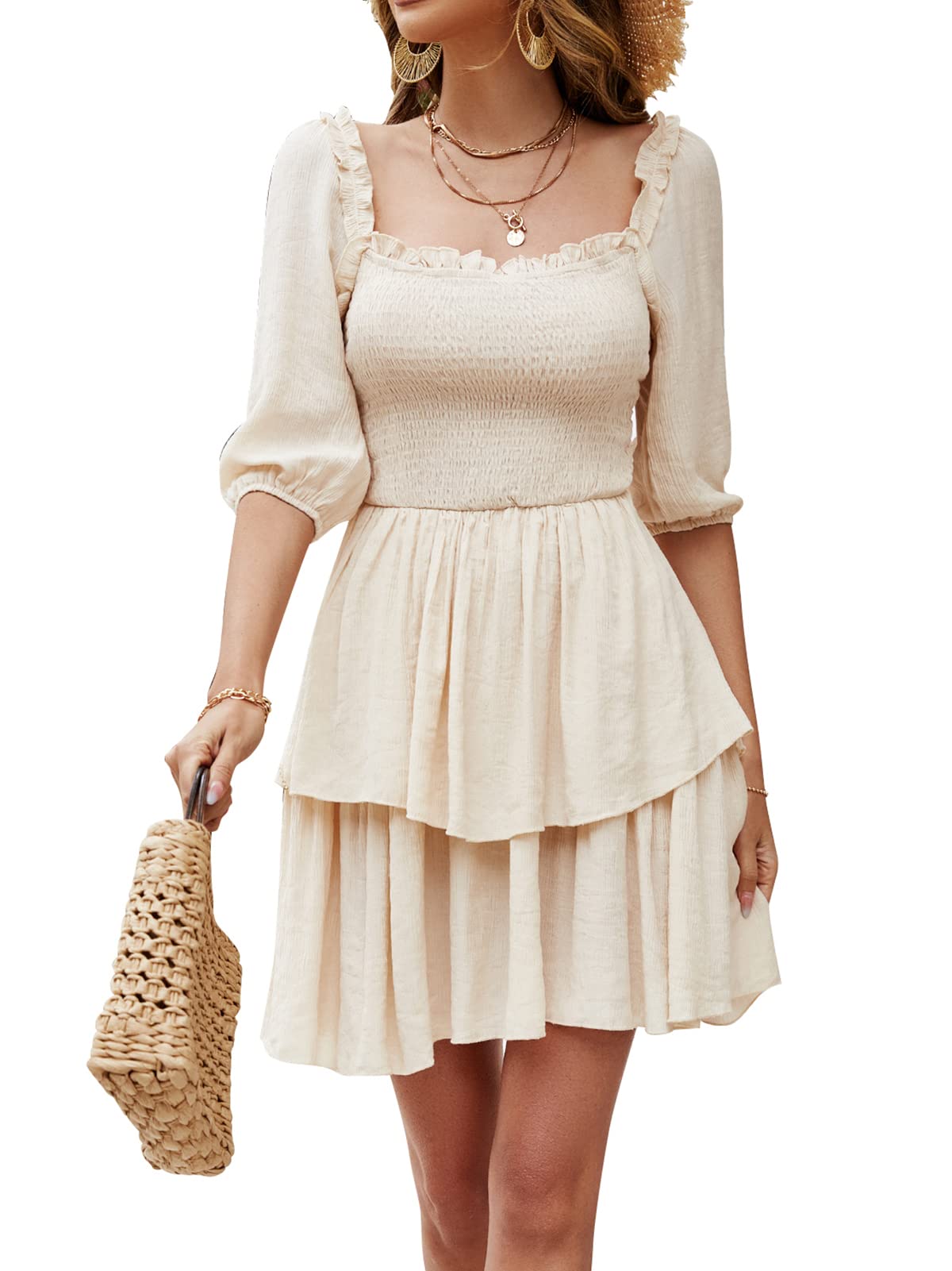 Women's Summer Square Neck Mini Dress - Lantern Sleeve Backless Ruffle Short Dress for Beach, Party & Vacation | Flowy Casual Sundress for Women