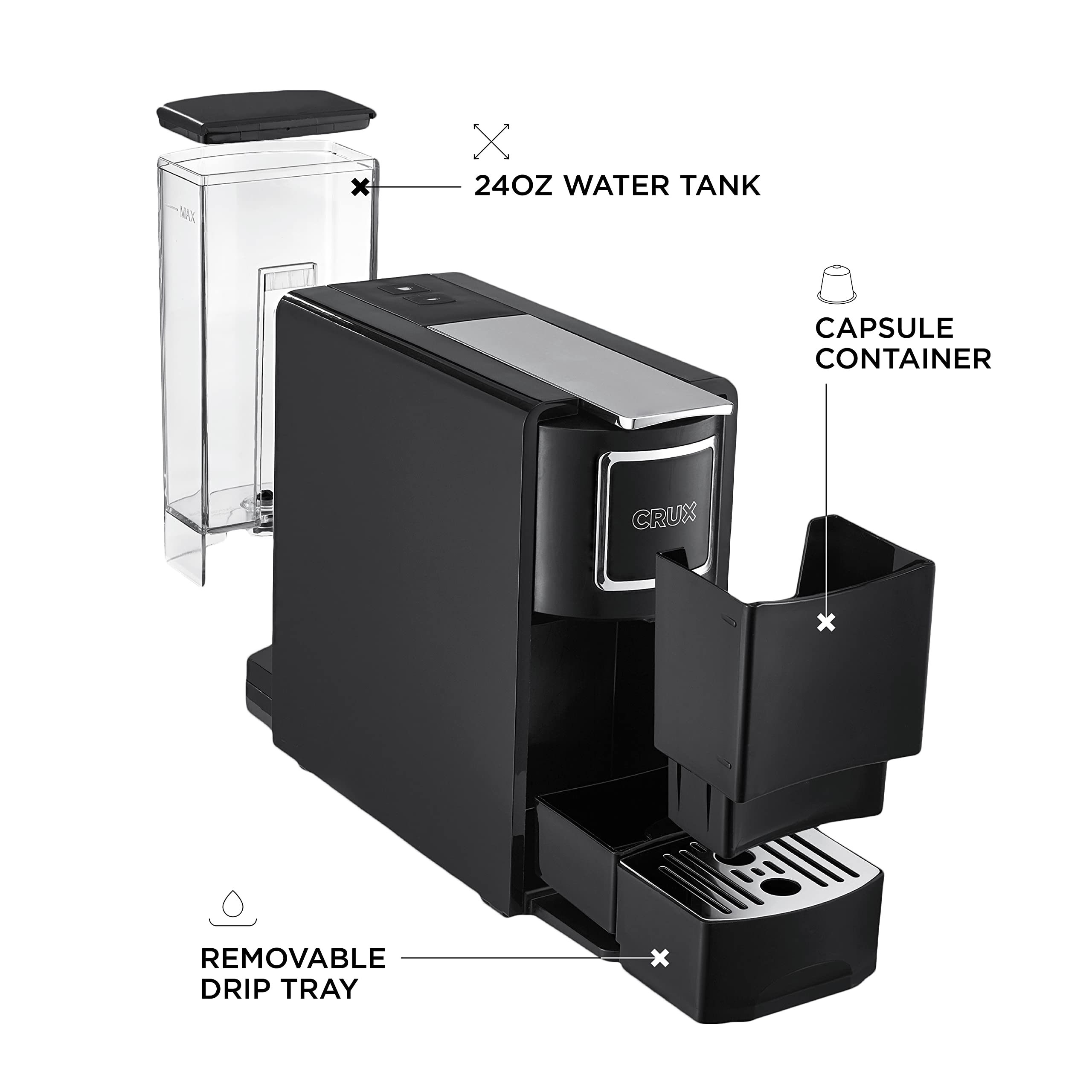 Premium Crux Espresso Machine for Nespresso Pods - Programmable Coffee Maker with Large Removable Water Tank & Drip Tray, Compatible with Original & Third-Party Capsules, Black & Silver - Perfect for Home, Office, and Coffee Shop Use