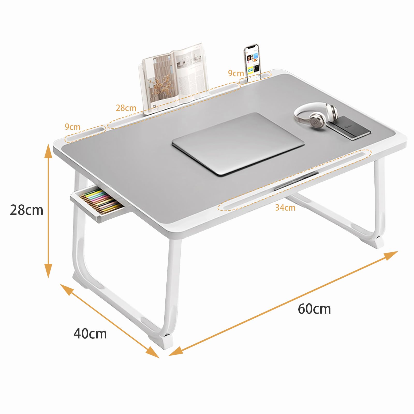 Adjustable Laptop Desk for Bed - Foldable Laptop Table with Storage Drawer & Book Stand - Portable Bed Tray for Working, Studying & Reading - Perfect for Home Office, Dorm Room & Cozy Workspace (Silver)