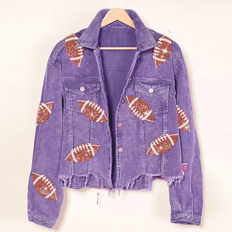 Stylish Women's Corduroy Rugby Print Baseball Jacket - Warm Autumn Winter Fashion Outerwear for Casual Wear & Outdoor Activities