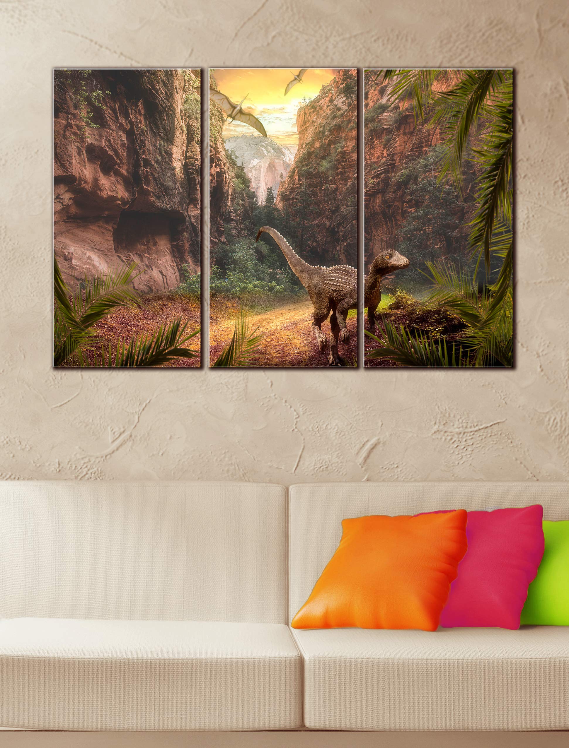 3-Piece Dinosaur Wall Art Canvas Print Set - Large 22x33 Inch Nature Theme Wall Decor for Living Room, Nursery & Kids Bedroom - Wild Animal Picture Painting Poster for Home & Office Decoration