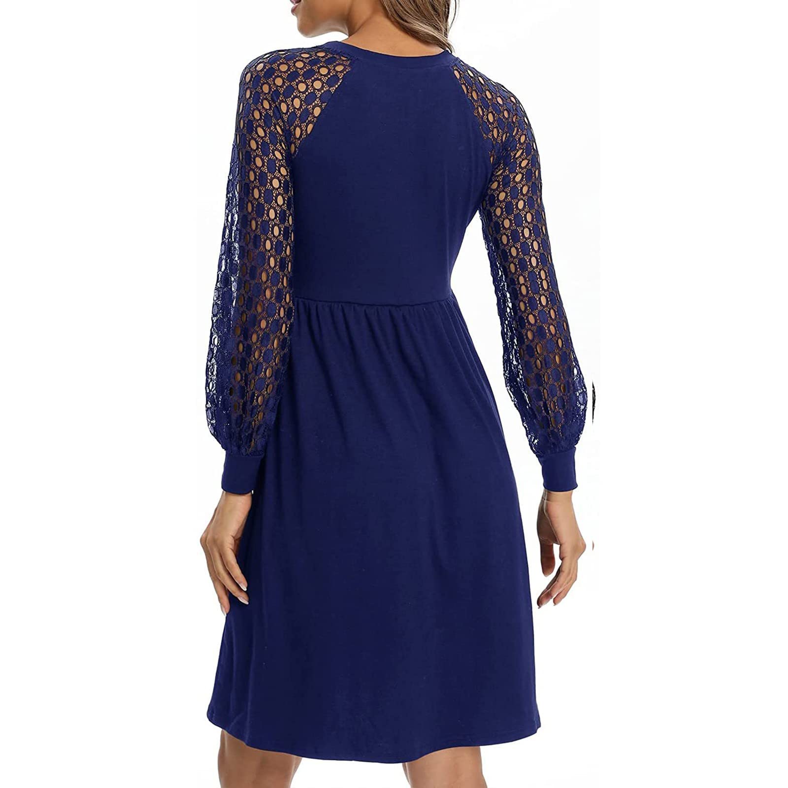 Eaktool Women's Sexy Long Sleeve Lace Stitching Party Dress - Elegant Round Neck Casual Fashion Dress for Night Out, Date Night, Cocktail Party & Special Occasions