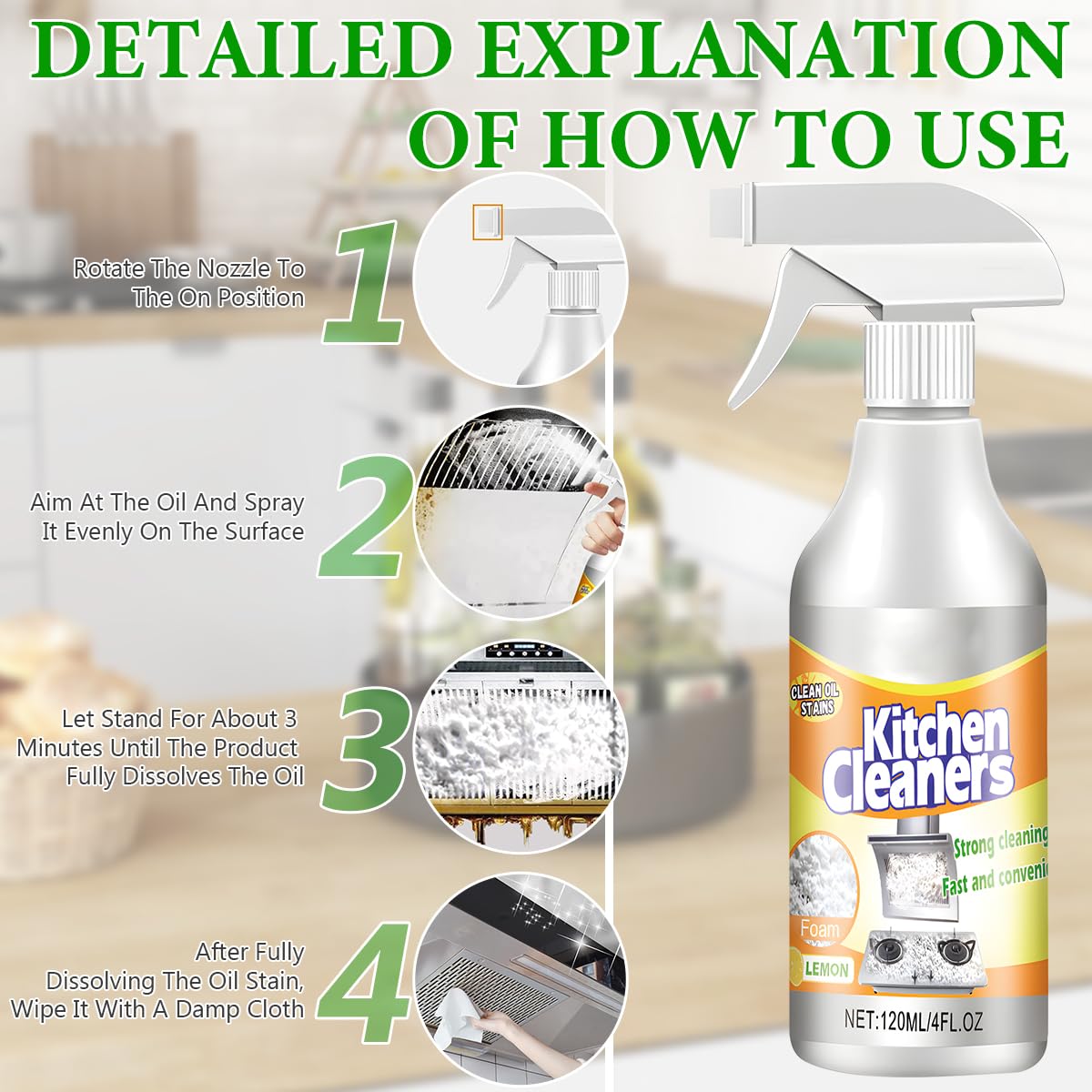 2-Pack Kitchen Foam Cleaner for Stubborn Stains - All-Purpose Cookware Cleaner for Pots, Pans & Range Hoods - Powerful Grease & Grime Remover Spray (4 Fl.oz/120ml) - Ideal for Deep Cleaning Stovetops, Ovens & Kitchen Surfaces