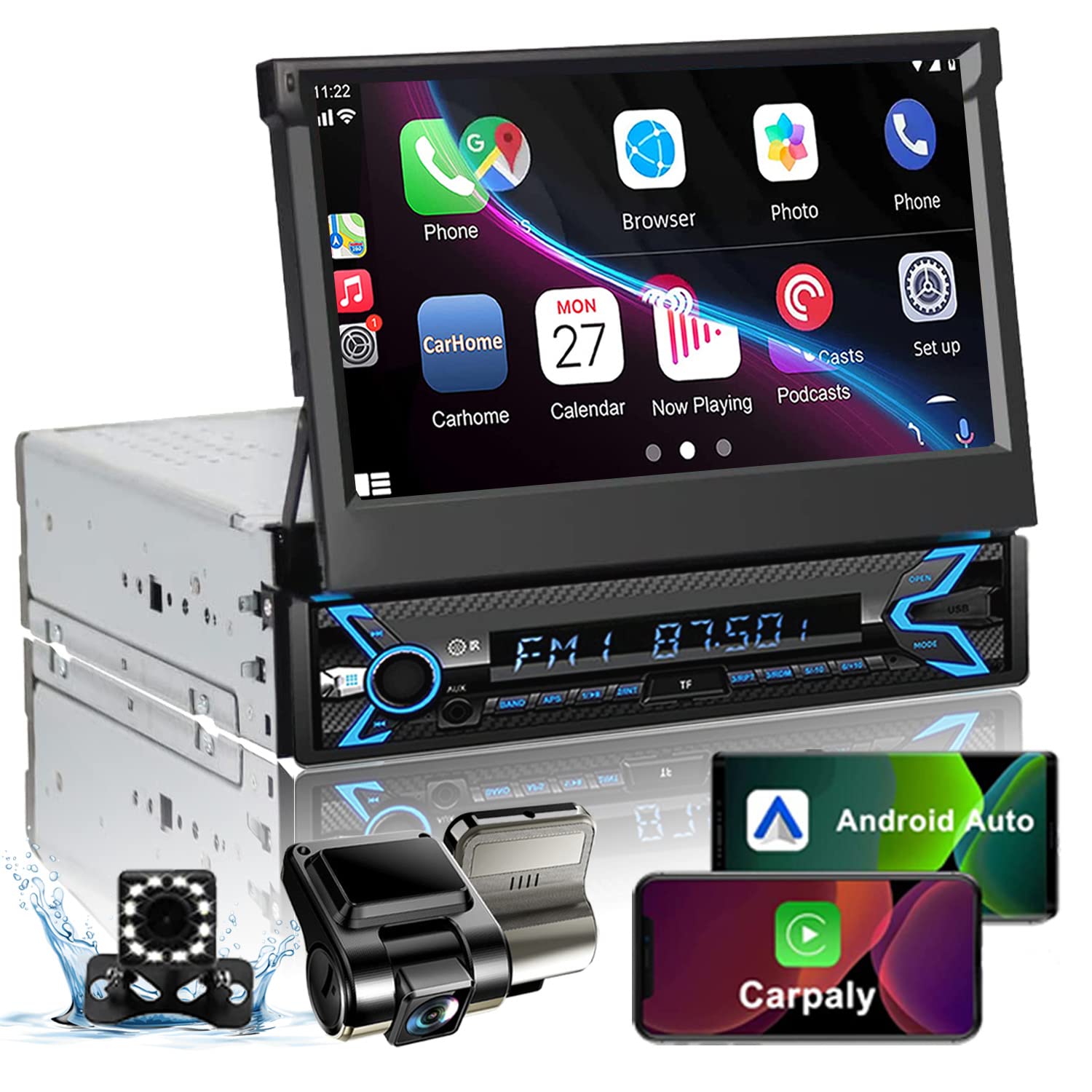 Naifay 7-Inch Flip Out Single Din Touchscreen Car Stereo with Dash Cam & Backup Camera - Apple CarPlay & Android Auto, Bluetooth, MirrorLink, FM Radio | Perfect for Hands-Free Navigation, Music Streaming & Parking Safety