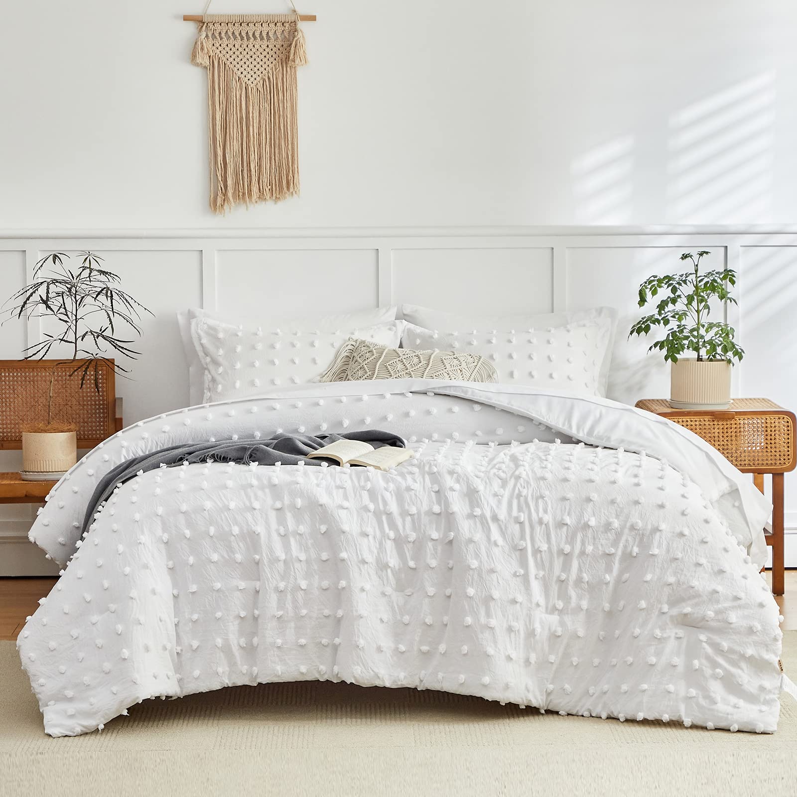 6-Piece Tufted Dots Twin Comforter Set with Sheets - Soft White Embroidery Shabby Chic Boho Bedding, Pom Pom Design Jacquard Tufts for Kids | Cozy & Stylish Nursery or Teen Room Decor