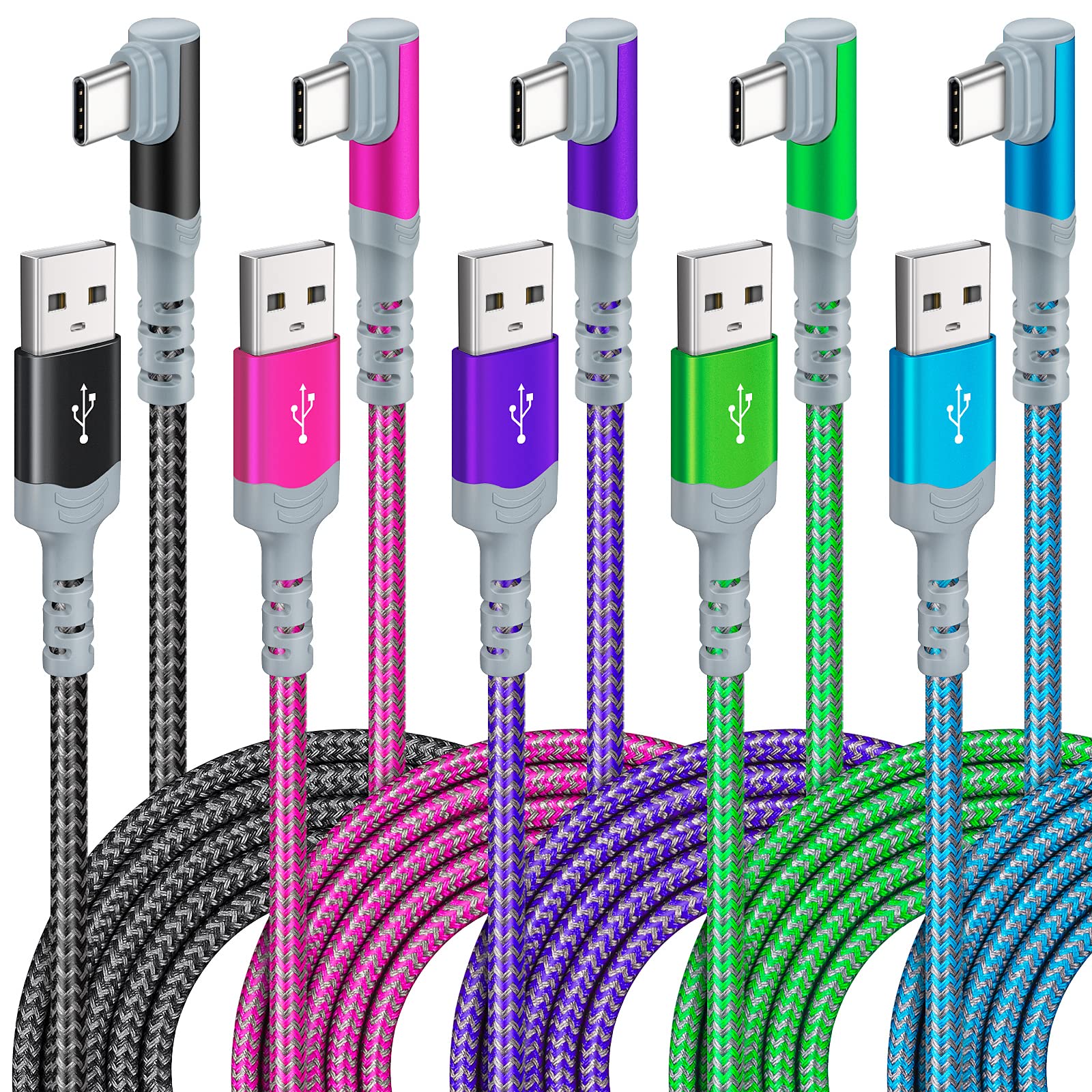5-Pack 10FT USB C Fast Charging Cable - 3.1A Right Angle Type C, Durable Nylon Braided, Compatible with Samsung S22, iPad Pro 12.9/Air/Mini, MacBook Air, Pixel 7 - Perfect for Home, Office & Travel Charging