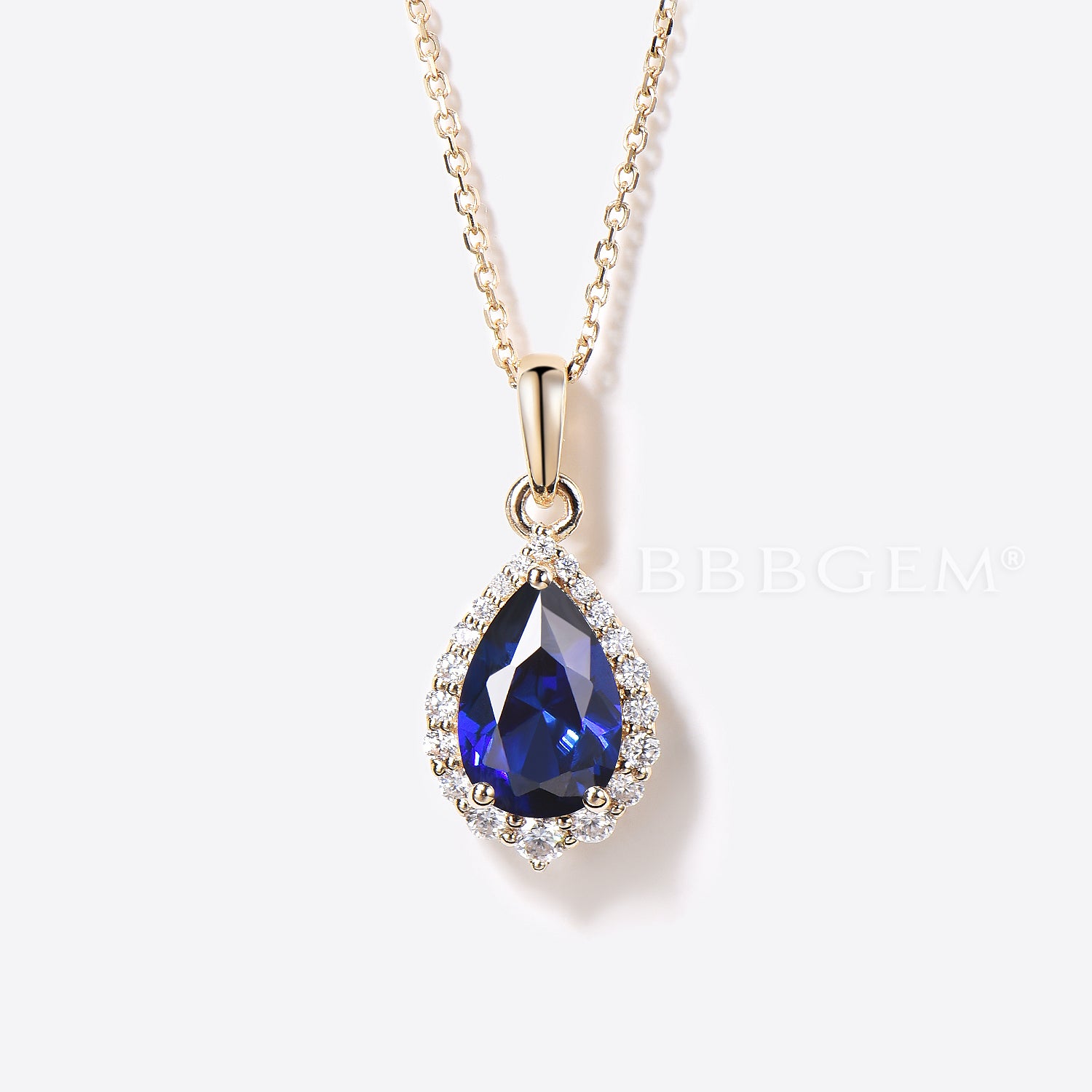 Exquisite 14k Gold Blue Sapphire Pear-Shaped Necklace with Halo Diamond Charm Pendant - Elegant Jewelry Gift for Women, Perfect for Weddings, Anniversaries & Special Occasions