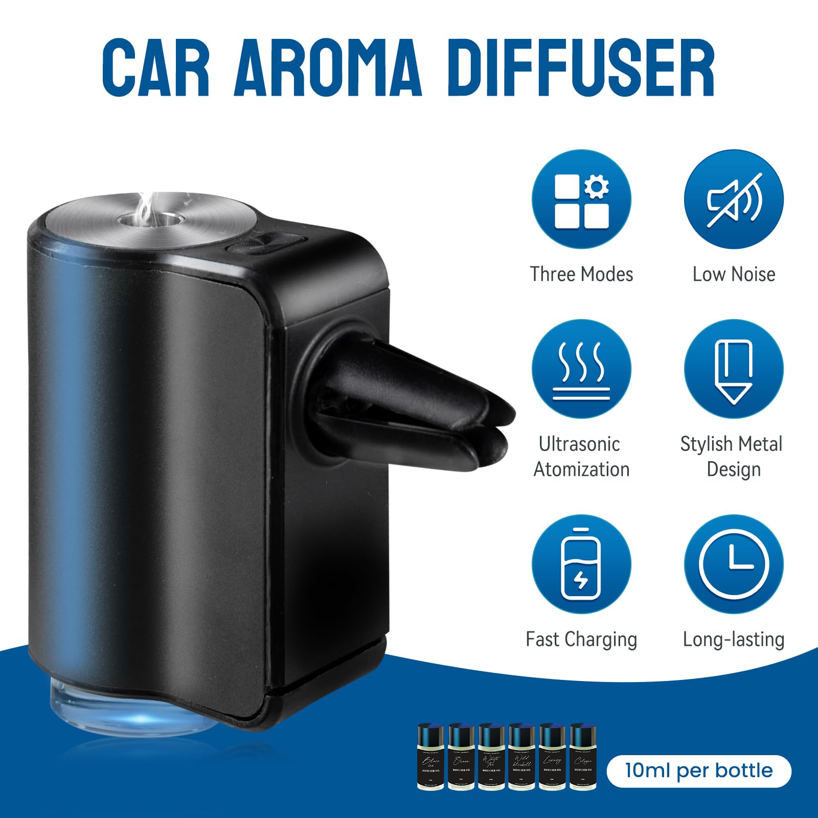 Premium Car Air Freshener with 3 Adjustable Modes - Rechargeable Aroma Diffuser for Cars (Black) | Eliminate Odors & Create Relaxing Atmosphere for Commuting, Road Trips & Rideshare Driving