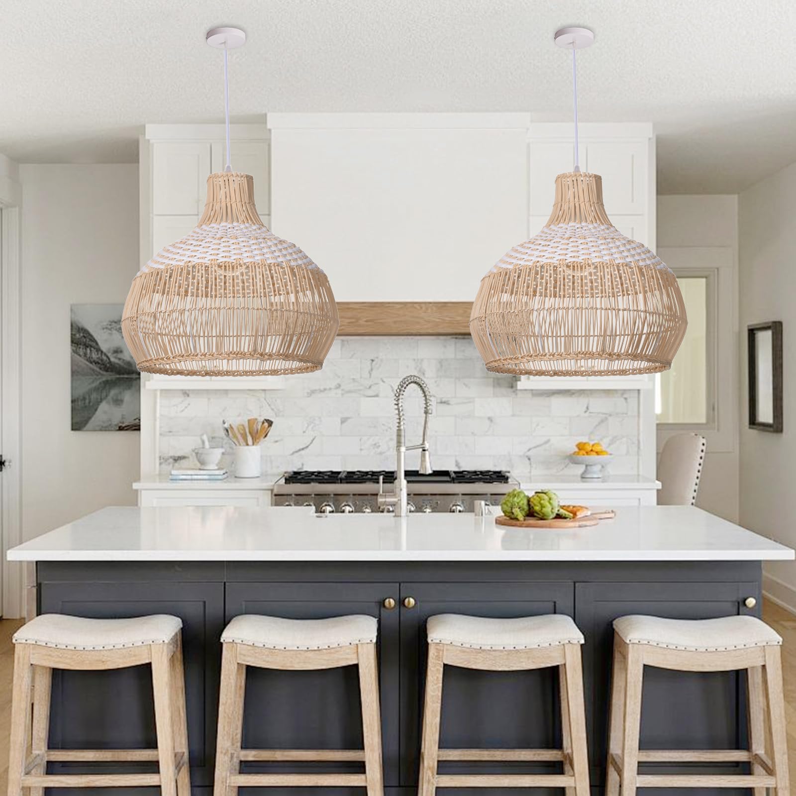 Arturesthome 1-Light White Rattan Pendant Light - Handmade Woven Wicker Chandelier for Kitchen Island, Dining Room & Bedroom Lighting - Boho Ceiling Lamp with Natural Fiber Shade