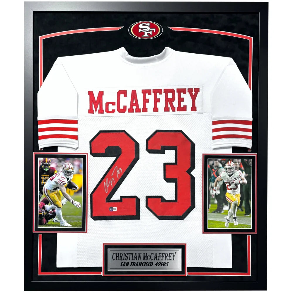 Authentic Christian McCaffrey Autographed San Francisco 49ers Jersey - Framed BAS Certified Signed Memorabilia for NFL Fans, Sports Collectors, and Home/Office Decor