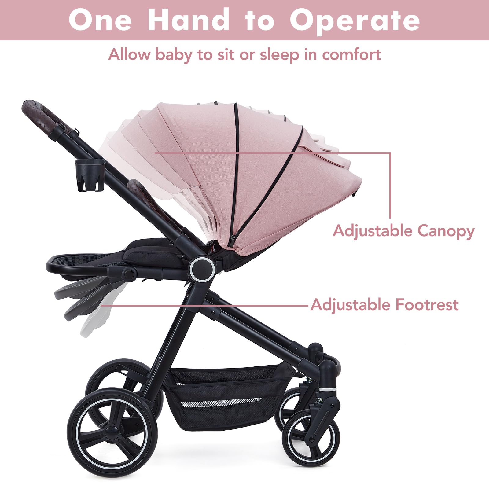 Foldable Pink Baby Stroller - Lightweight Travel Stroller for Newborn to Toddler, Convertible Infant Pram with Reversible Seat, Adjustable Canopy & Footrest, Large Storage Basket & Cup Holder | Perfect for Shopping, Travel, Walks in Park & Daily Use with Baby Girls & Boys