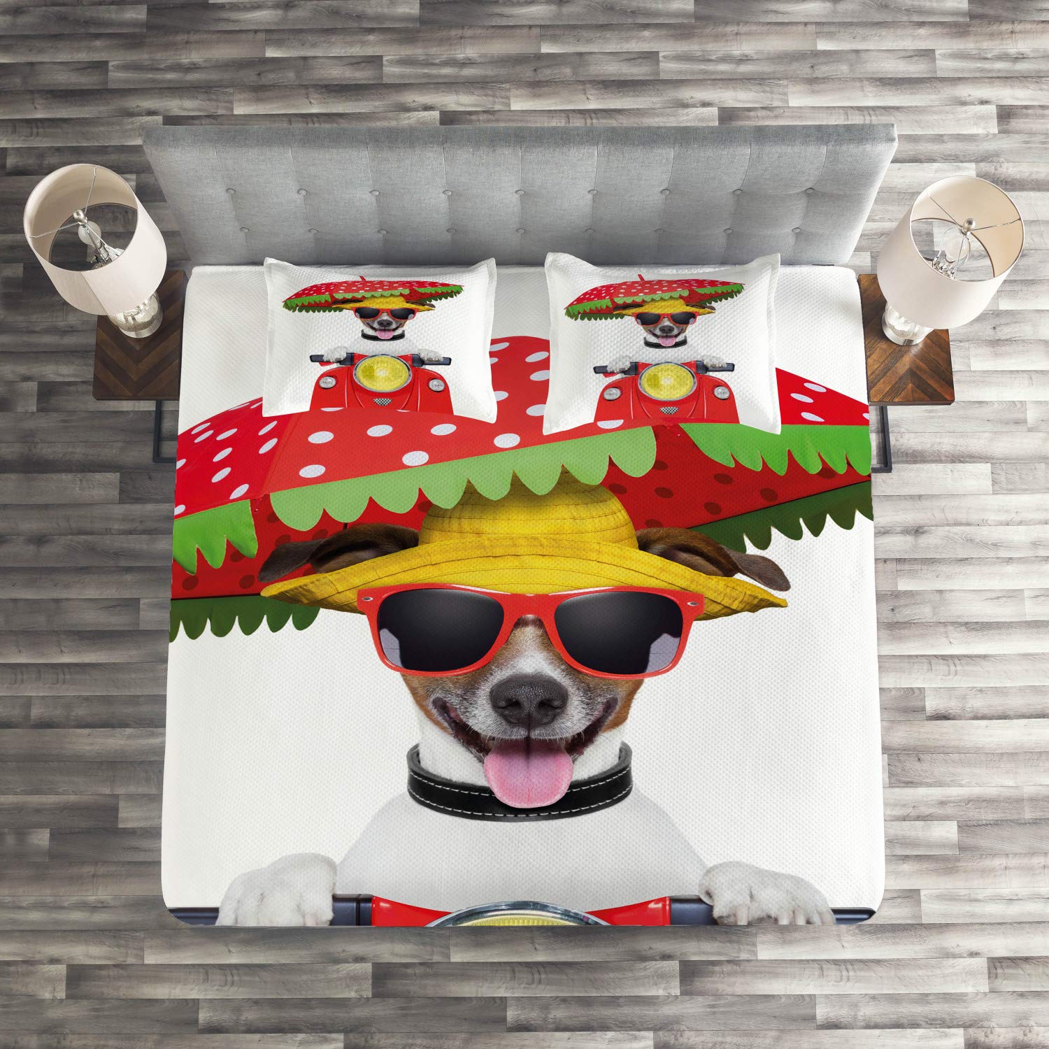 Ambesonne Funny Dog Driving Motorcycle Quilt Set - King Size 3-Piece Bedspread with 2 Pillow Shams, Red Holiday Themed Animal Coverlet - Perfect for Bedroom Decor, Gift Giving & Themed Parties