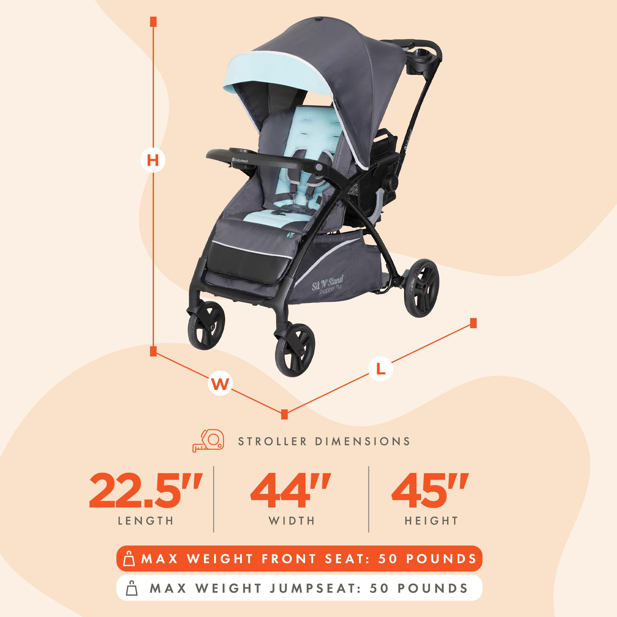 Baby Trend Sit N’ Stand® 5-in-1 Shopper Plus Stroller - Lightweight Convertible Double Stroller with Adjustable Seat & Canopy, Blue Mist | Perfect for Twins, Siblings & Shopping Trips