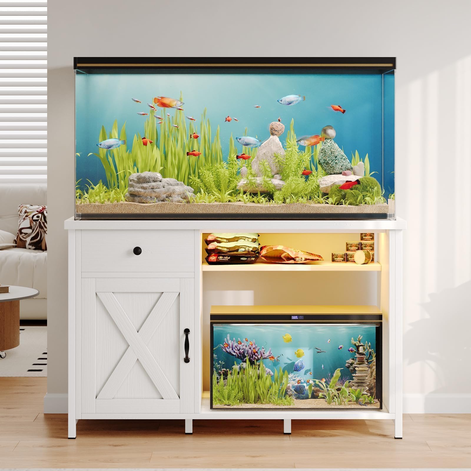55-75 Gallon Aquarium Stand with Power Outlets & LED Light - Heavy Duty Metal Fish Tank Stand with Storage Drawer & Barn Door - White Turtle & Reptile Terrarium Cabinet - Perfect for Home, Office or Pet Store Display