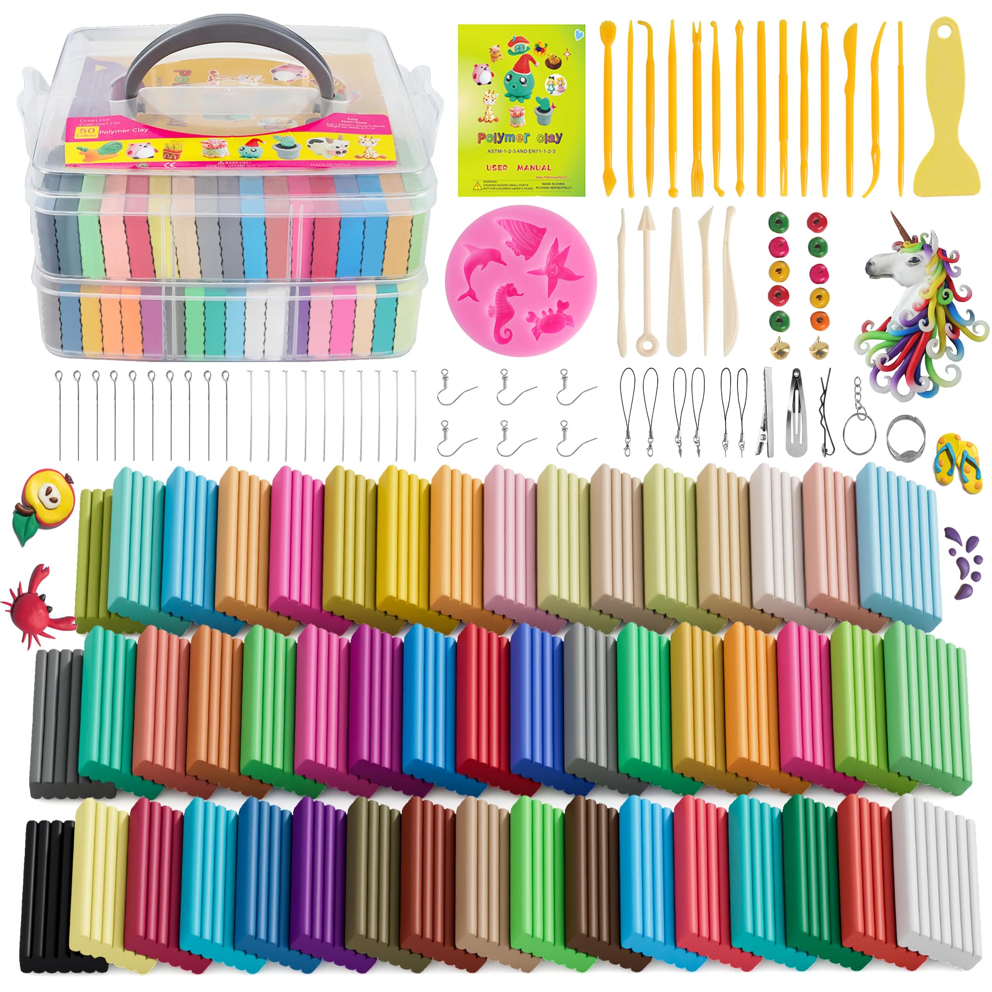 50 Colors Polymer Clay Kit - DIY Modeling Clay for Kids & Adults with Storage Box, Sculpting Tools & Accessories - Oven Bake Clay for Artists - Perfect for DIY Crafts, Jewelry Making & Gift Giving