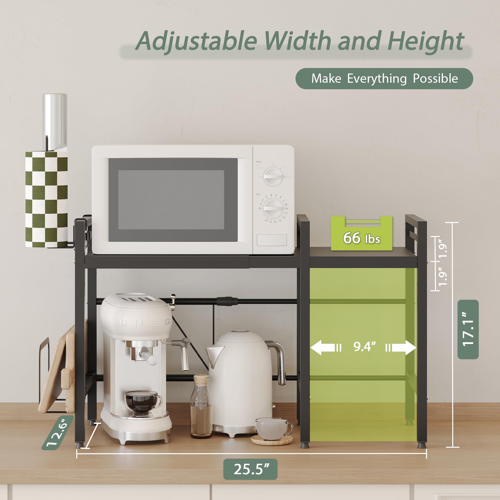 NETEL Expandable 2-Tier Metal Microwave Stand - Kitchen Countertop Organizer with Paper Towel Holder & Storage Baskets - 55lbs Capacity - Perfect for Small Spaces, Apartments, and Kitchen Organization