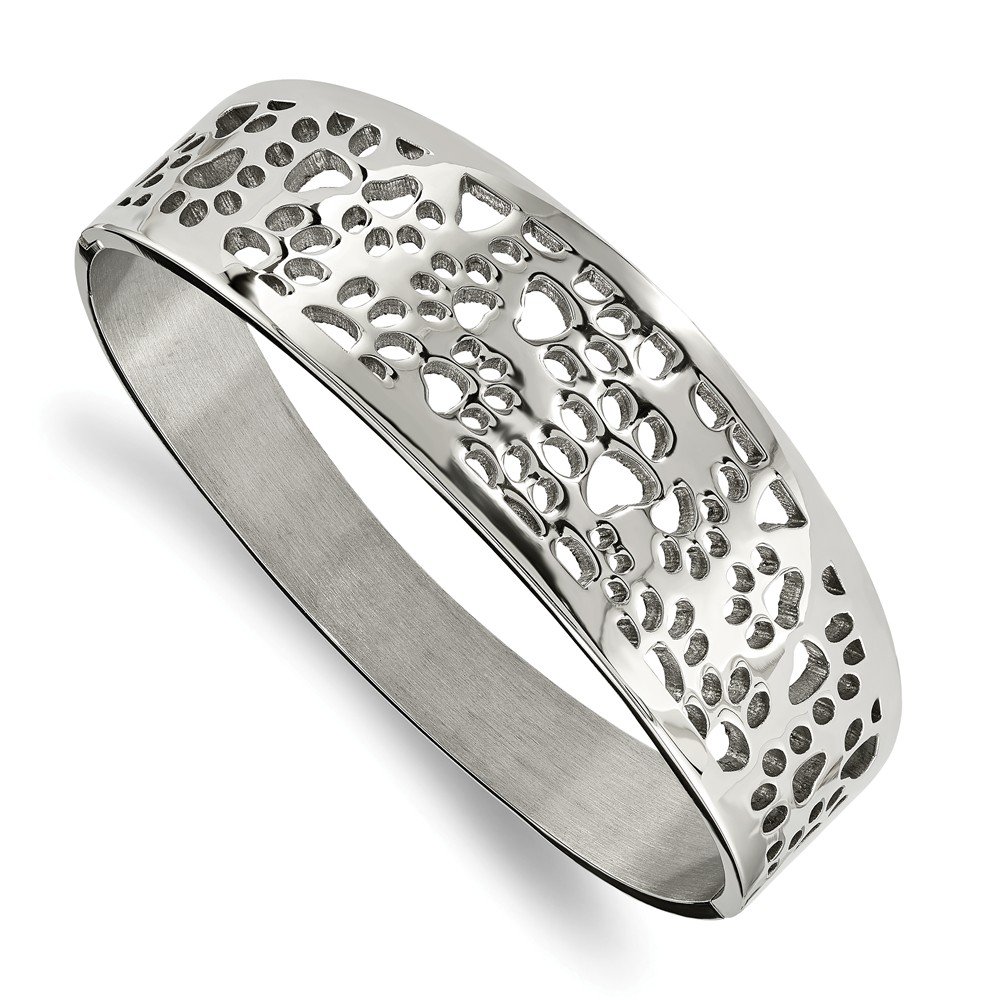 Jewels By Lux Stainless Steel Polished Paw Print Cut Out Hinged Bangle Bracelet - Elegant Pet Lover Jewelry for Women, Perfect Gift for Dog & Cat Owners