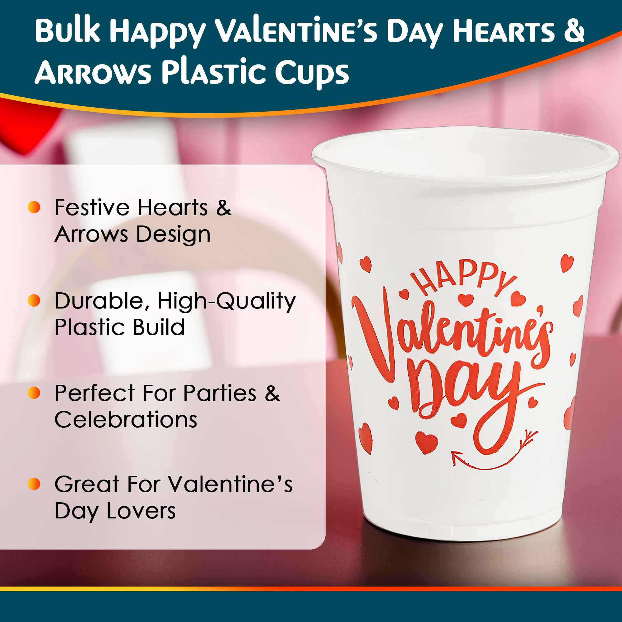 50-Piece Valentine Plastic Cups for Parties - Bulk Disposable Cups for Valentine's Day, Weddings & Celebrations - Perfect for Romantic Dinners, Bridal Showers & Anniversary Parties