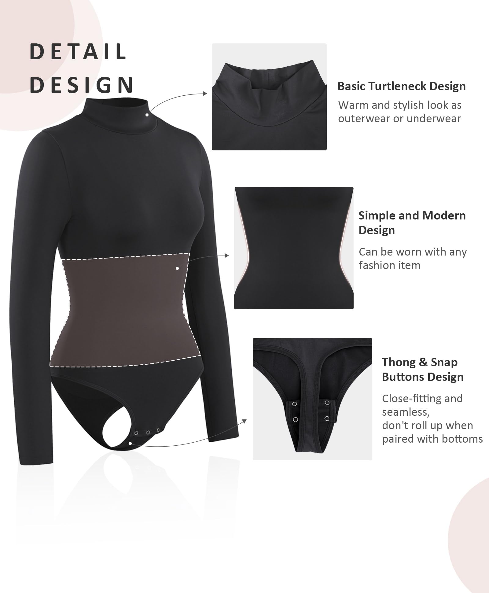 FeelinGirl Women's Seamless Long Sleeve Thong Bodysuit - Tummy Control Shapewear for Slimming & Smoothing - Perfect for Layering Under Dresses or Casual Outfits