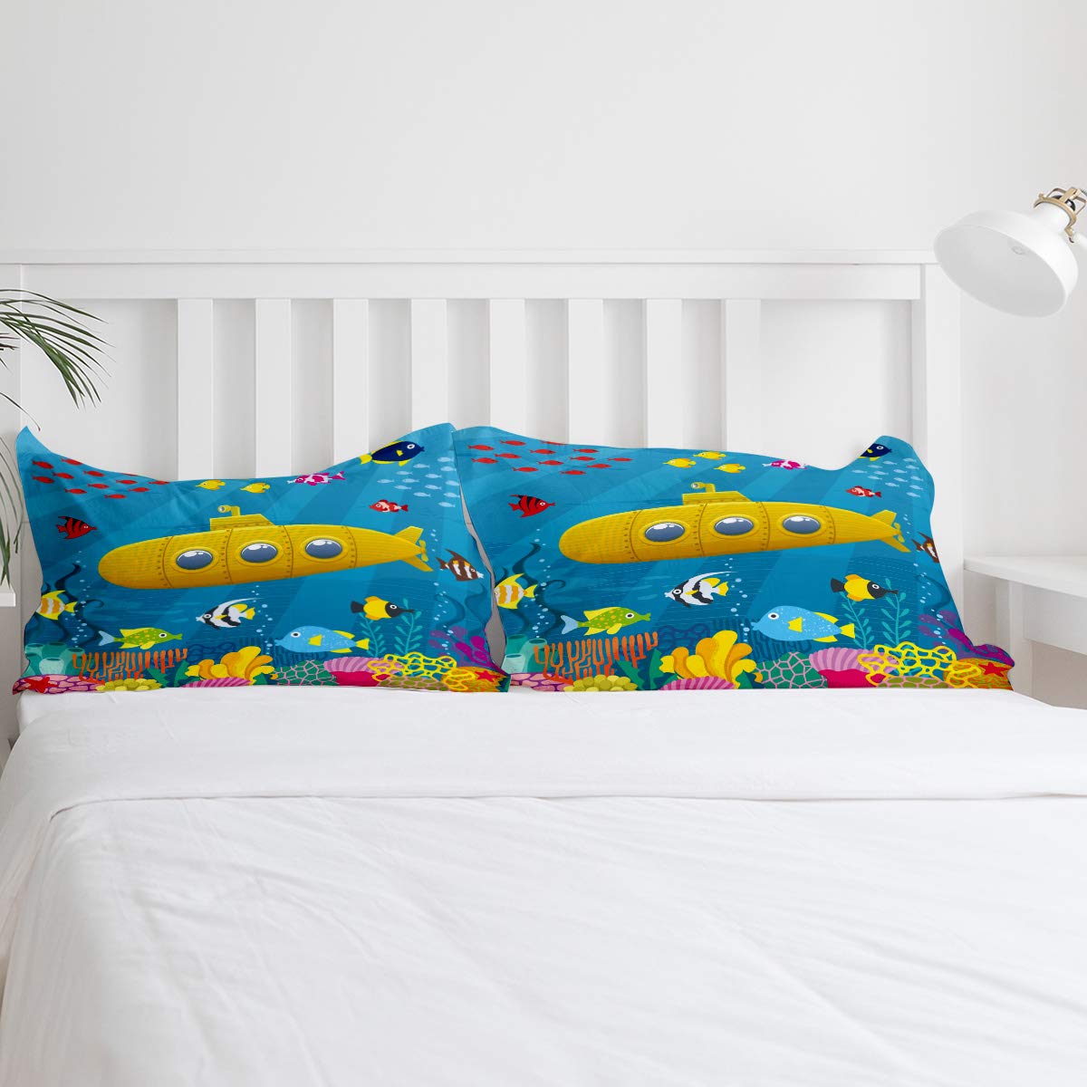 Trendy Kids Bedding Set - Soft Yellow Cartoon Submarine Duvet Cover & Sheet Set for Boys & Girls, 4-Piece Queen Size (1 Flat Sheet, 1 Duvet Cover, 2 Pillowcases) - Breathable & Lightweight Cotton - Perfect for Kids' Bedrooms, Sleepovers & Nursery Decor