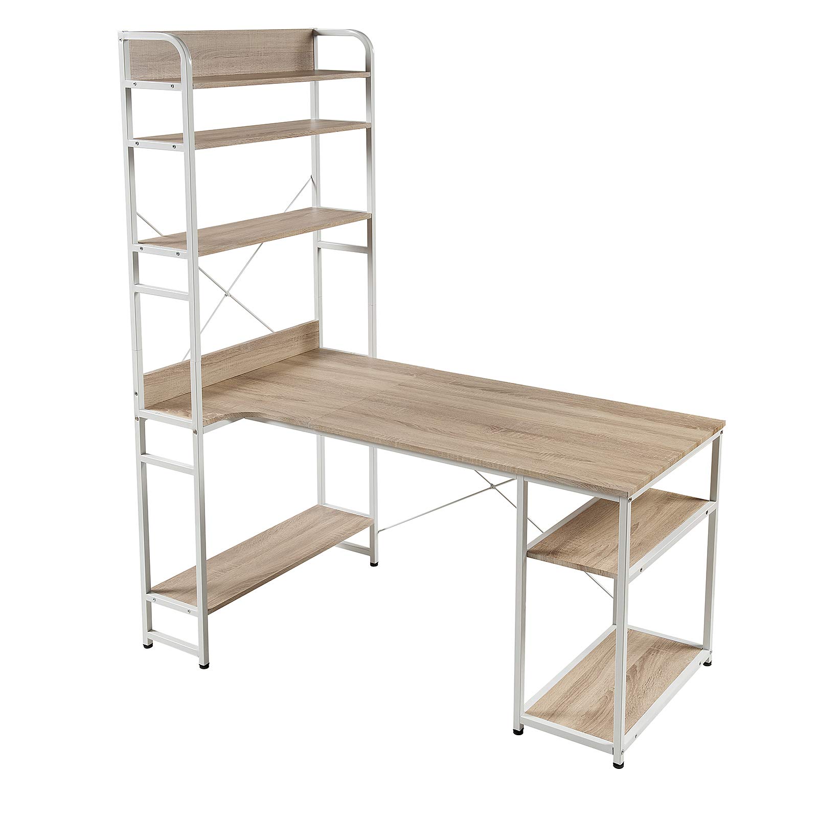 Modern Oak Computer Desk with 5-Tier Shelves - Home Office Writing Desk with Bookshelves for Work, Study & Small Space Organization