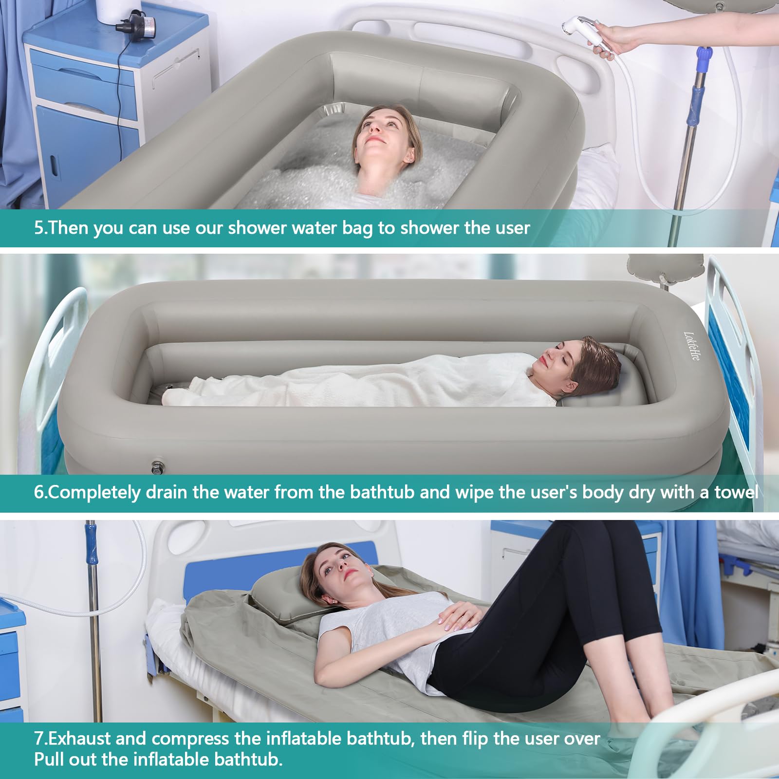 Inflatable Bathtub for Elderly - Portable Shower Bath Basin Kit with Electric Air Pump, PVC Medical Bathtub for Bed Bathing & Full Body Wash - Lightweight & Easy to Use for Home Care & Hospital Use (Grey)