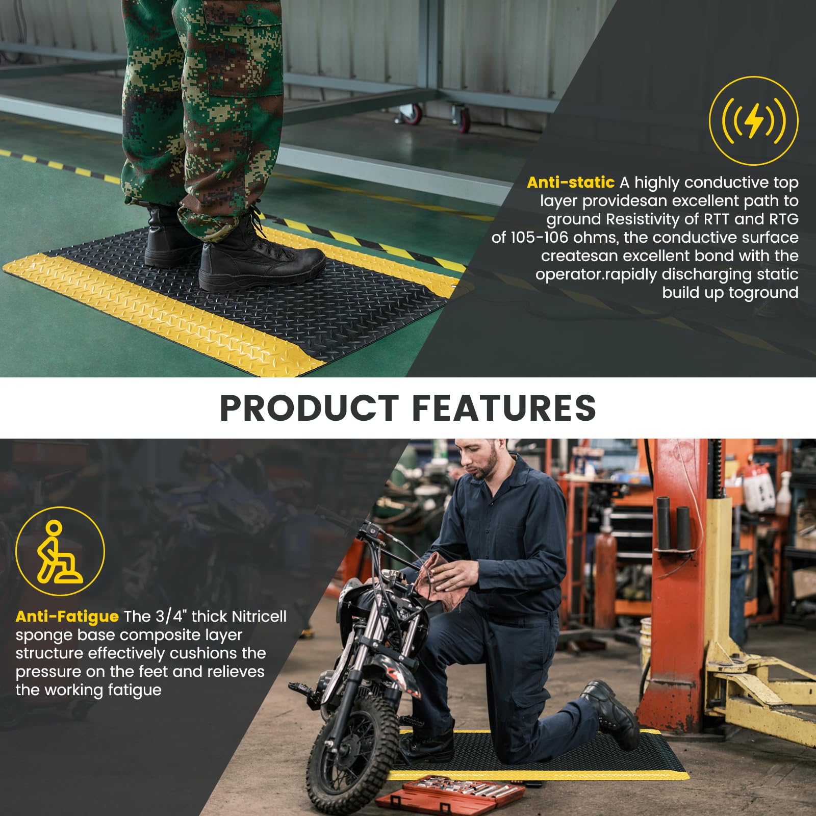 3' x 5' ESD Anti-Fatigue Conductive Mat - Heavy Duty Diamond Plate Floor Mat with Soft Sponge & Non-Slip Surface, 3/4