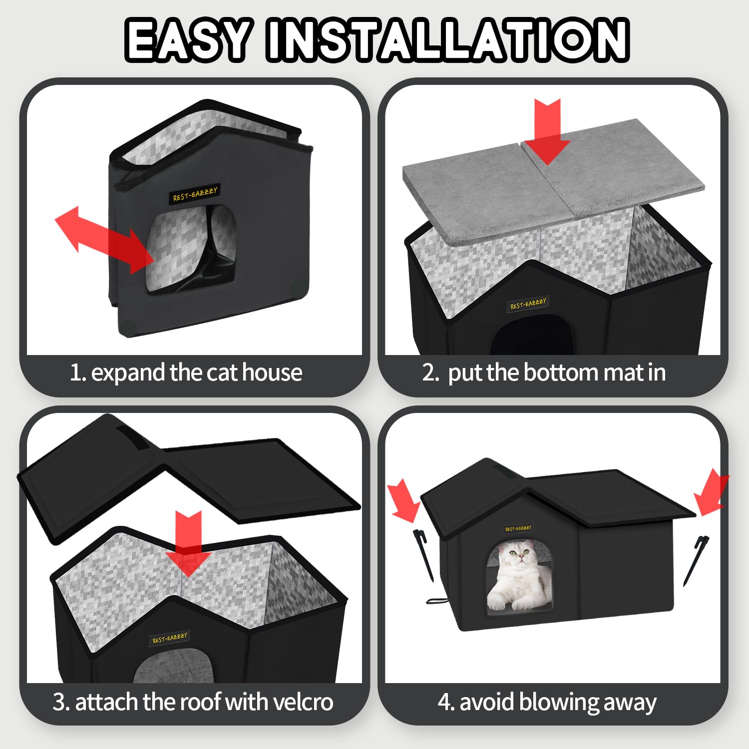Weatherproof Insulated Outdoor Cat House with Self-Warming Mat - Durable Feral Cat Shelter for Winter, Waterproof & Easy Assembly (Black, Large) - Perfect for Backyards, Porches & Cold Weather Protection