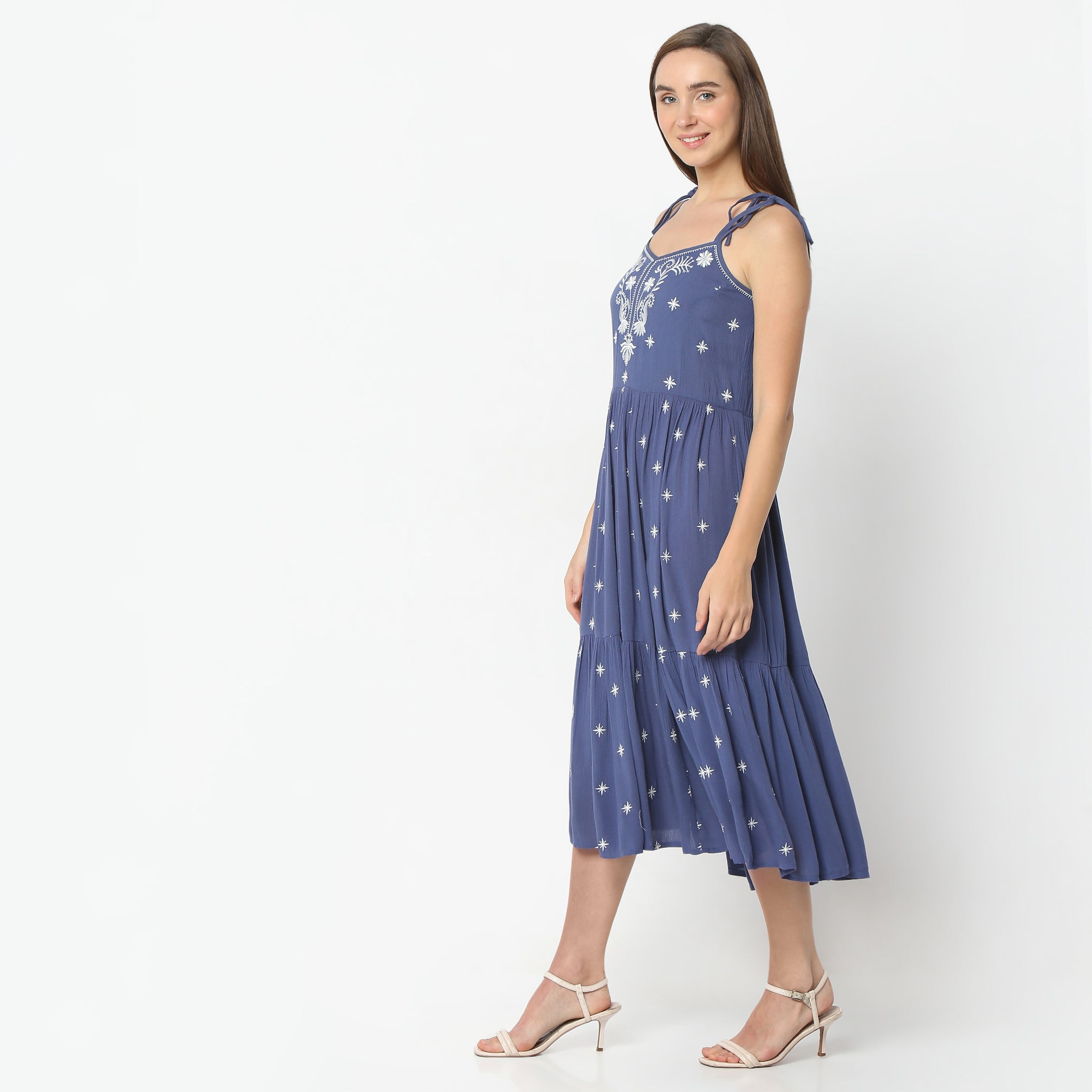 Flare Fit Embroidered Below Knee V-Neck Spaghetti Strap Dress for Women - Elegant Summer Party, Wedding Guest, and Casual Outfit