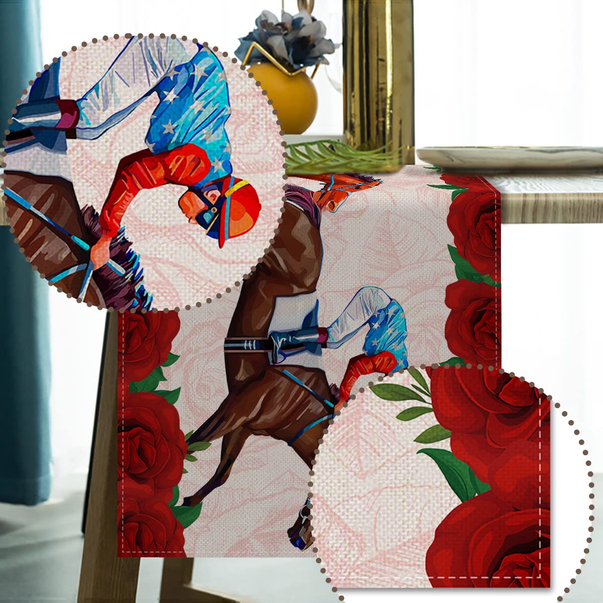Kentucky Derby Churchill Downs Horse Racing Rustic Linen Table Runner for Home Party, Dining Room, and Kitchen Decoration
