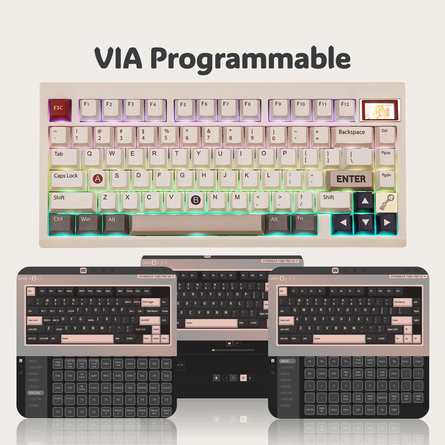 EPOMAKER TH80 PRO V2 Wireless Mechanical Gaming Keyboard with OLED Screen - Bluetooth 5.0/2.4GHz/USB-C Connectivity, Gasket Mount Design, Hot-Swappable Switches, VIA Programmable - Compatible with Windows & Mac (Retro White, Flamingo Switch) - Perfect for Esports, Office Work & Typing Enthusiasts