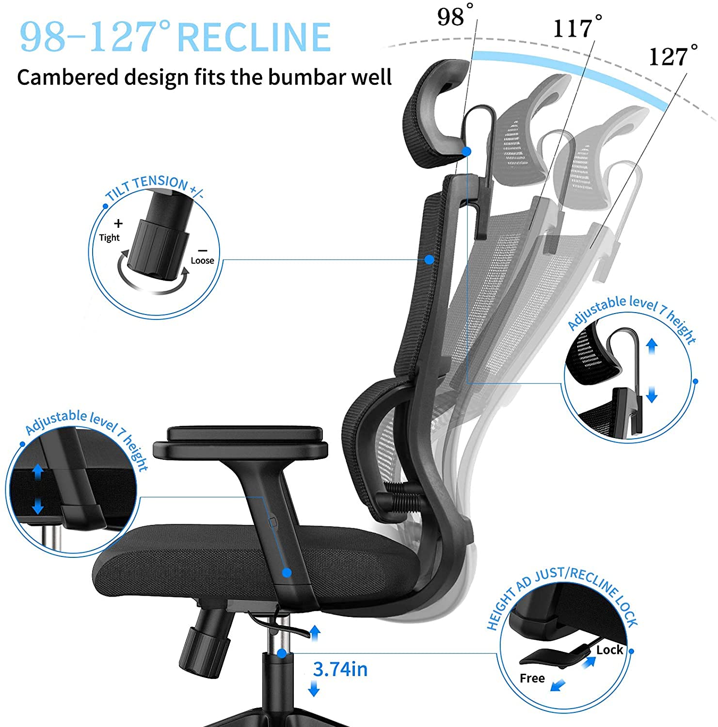 Ergonomic Office Chair with Adjustable Headrest & Lumbar Support - High Back Mesh Computer Desk Chair with Tilt Function & Adjustable Armrests - Perfect for Home Office, Gaming & Workspace Comfort