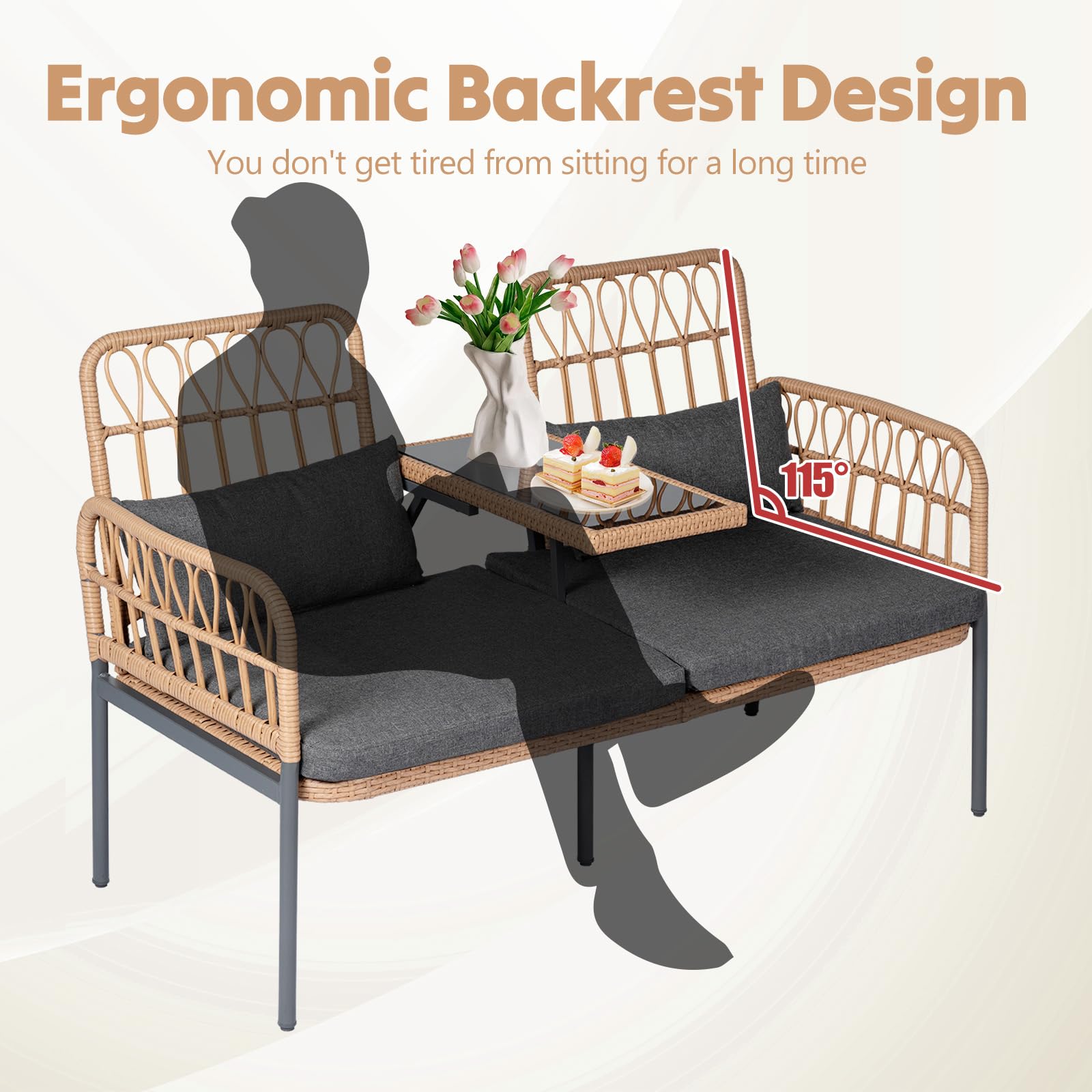 Outdoor Loveseat 2-Piece Patio Furniture Set - Wicker Porch Conversation Set with Cushions, Lumbar Pillows & Built-in Table | Perfect for Backyard, Garden, Deck or Poolside Relaxation