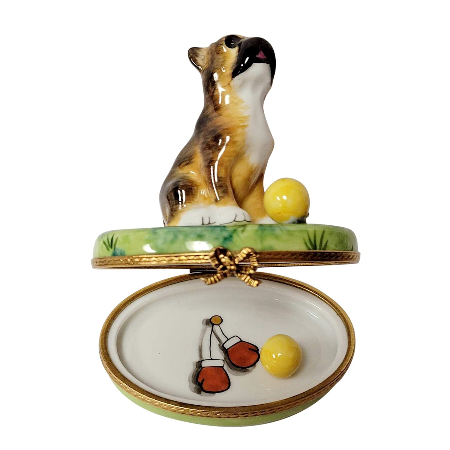 Rochard Boxer on Grass with Removable Ball Limoges Porcelain Jewelry Box - Perfect for Collectors, Gift Giving & Home Decor