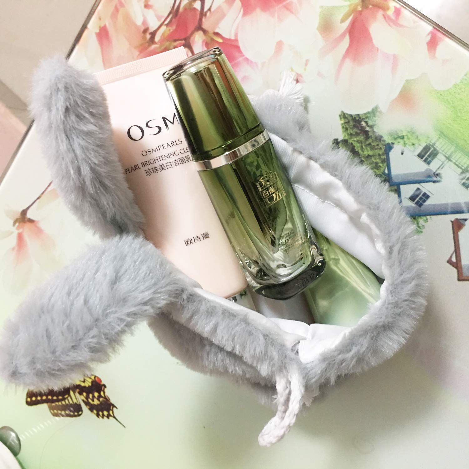 Honbay Cute Fluffy Drawstring Pouch - Rabbit Ears Makeup Bag, Jewelry Organizer & Gift Wrapping Pouch (Grey) - Perfect for Travel, Cosmetics Storage & Party Favors