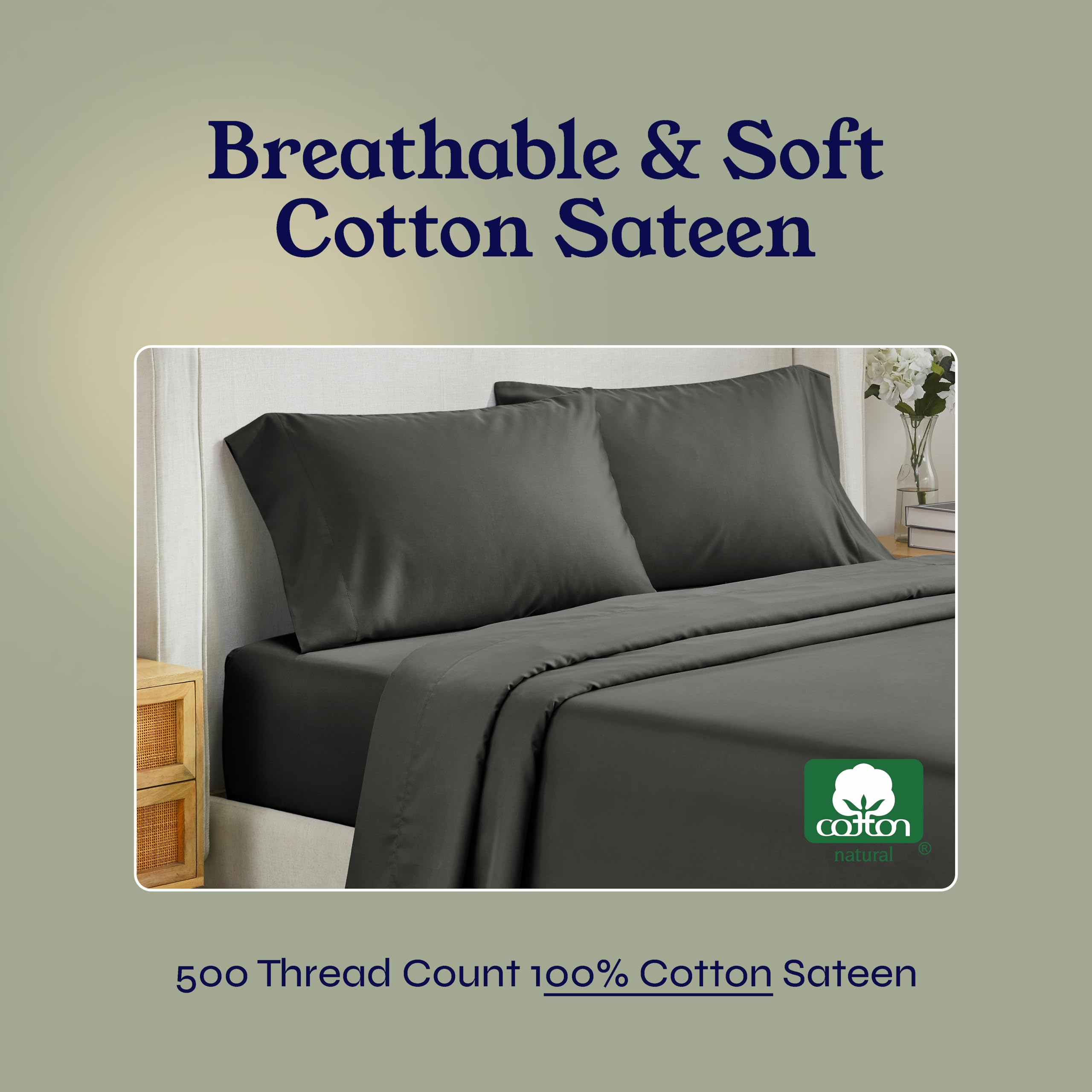 California Design Den - Premium 100% Cotton Twin Size Bed Sheets Set, Soft Cooling Sateen Weave with Deep Pockets, 500 Thread Count - Grey - Perfect for Hot Sleepers & Guest Rooms
