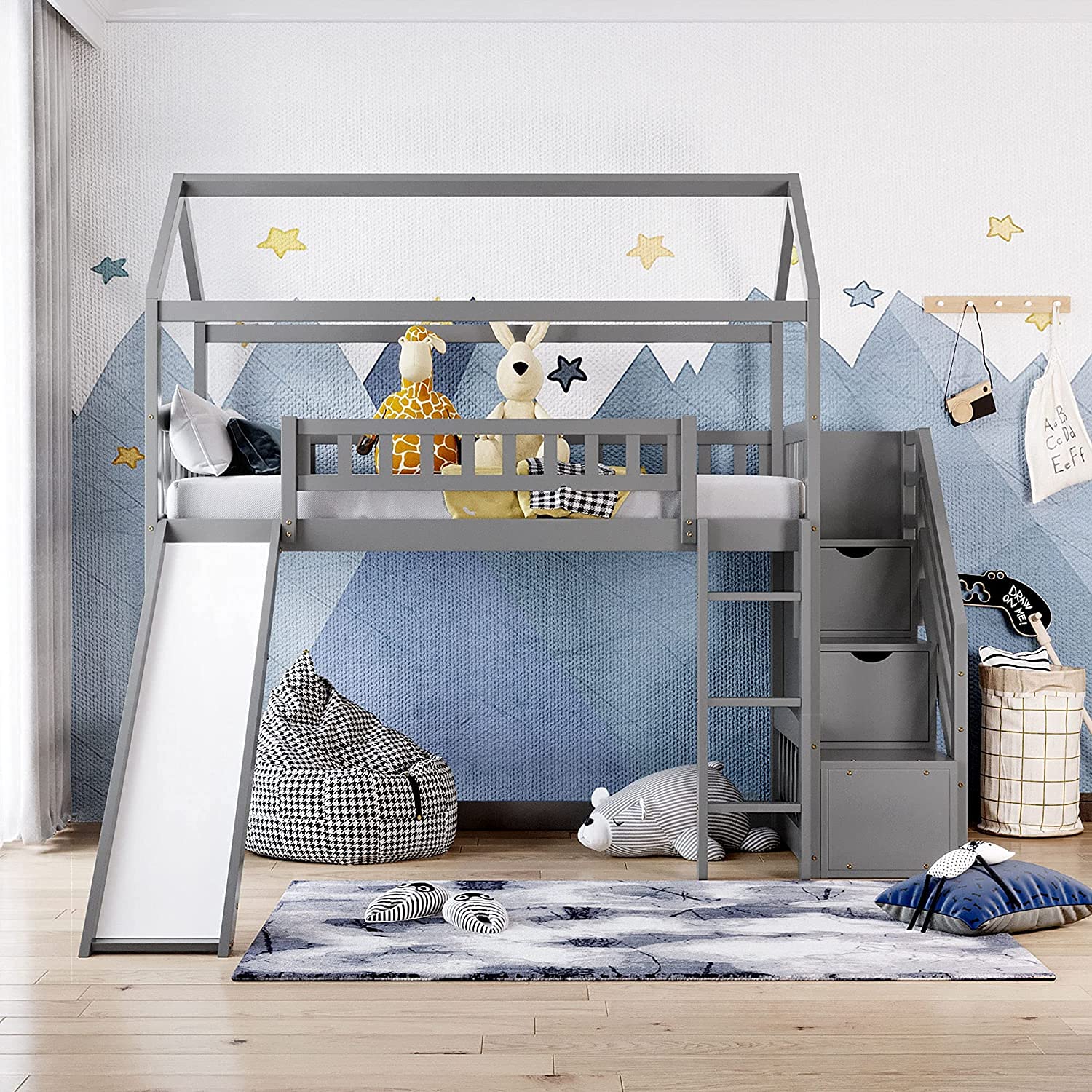 Harper & Bright Designs Twin Loft Bed with Slide, Stairs and Storage - Wooden Kids House Bed Frame for Boys & Girls (Gray) - Perfect for Small Bedrooms, Playrooms & Kids' Sleepovers